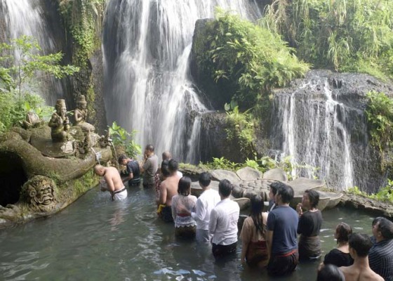 Nusabali.com - wisatawan-ikuti-ritual-melukat-di-taman-beji-griya-waterfall