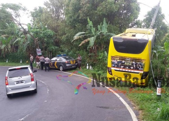 Nusabali.com - busnya-tabrak-tiang-listrik-5-penumpang-terluka