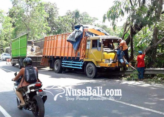 Nusabali.com - rem-blong-truk-tabrak-pohon-dan-pembatas-jalan