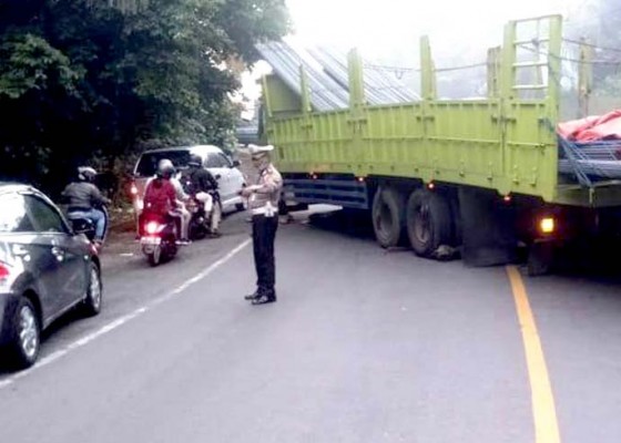 Nusabali.com - truk-muat-besi-42-ton-tak-kuat-nanjak-jalur-denpasar-gilimanuk-macet-sejam