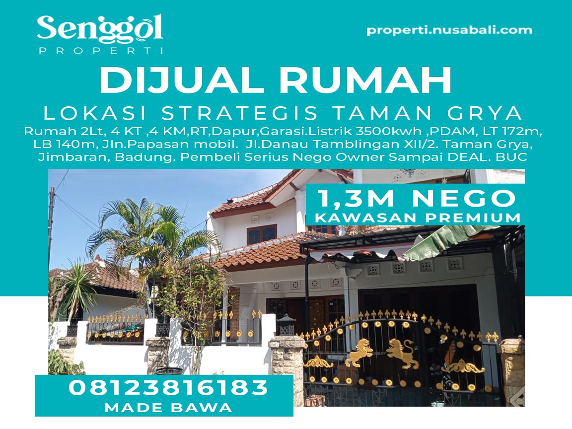 Dijual Rumah Lokasi Strategis Taman Grya Jimbaran 2 Lantai BUC - Senggol Bali